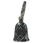 Silver motorcycle Guardian Bell with a diamond-shaped “1% ER” design engraved on the front, attached to a key ring.
