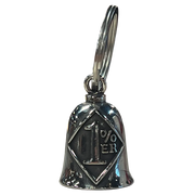Silver motorcycle Guardian Bell with a diamond-shaped “1% ER” design engraved on the front, attached to a key ring.