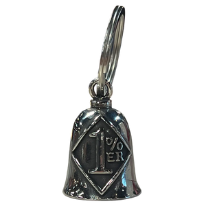 Silver motorcycle Guardian Bell with a diamond-shaped “1% ER” design engraved on the front, attached to a key ring.