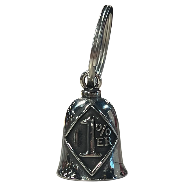 Silver motorcycle Guardian Bell with a diamond-shaped “1% ER” design engraved on the front, attached to a key ring.