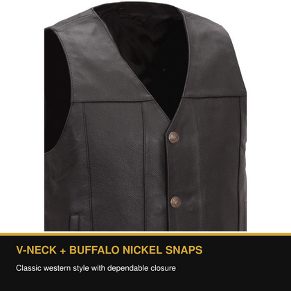 Eagle Gun Runner leather vest V-neck and Buffalo nickel snap benefit