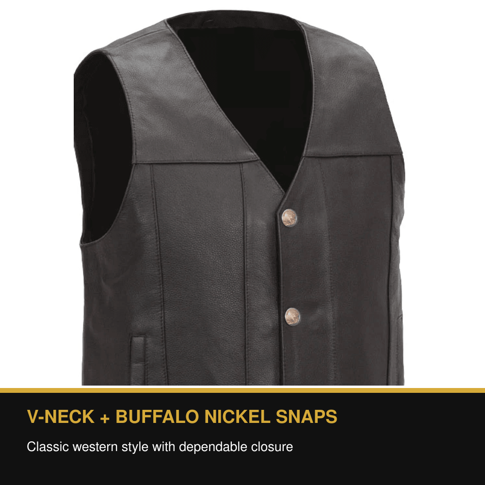 Eagle Gun Runner Tall leather vest V-neck and Buffalo nickel snap benefit