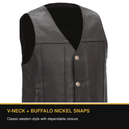 Eagle Gun Runner Tall leather vest V-neck and Buffalo nickel snap benefit