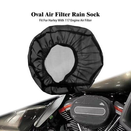 Oval air cleaner rain sock installed on a Harley motorcycle
