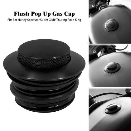 Black pop up gas cap installed on a motorcycle fuel tank