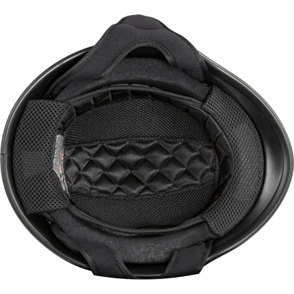 Black helmet interior with quilted padding on a white background