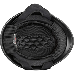 Black helmet interior with quilted padding on a white background