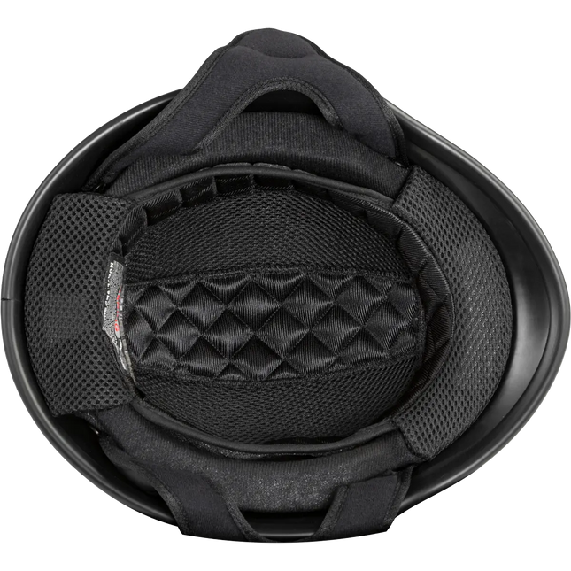 Black helmet interior with quilted padding on a white background