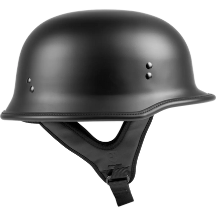 Black military helmet with chin strap on a white background