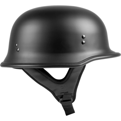 Black military helmet with chin strap on a white background