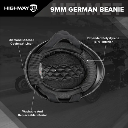 9MM German Beanie with highlighted features on a dark background, featuring Highway 21 branding.