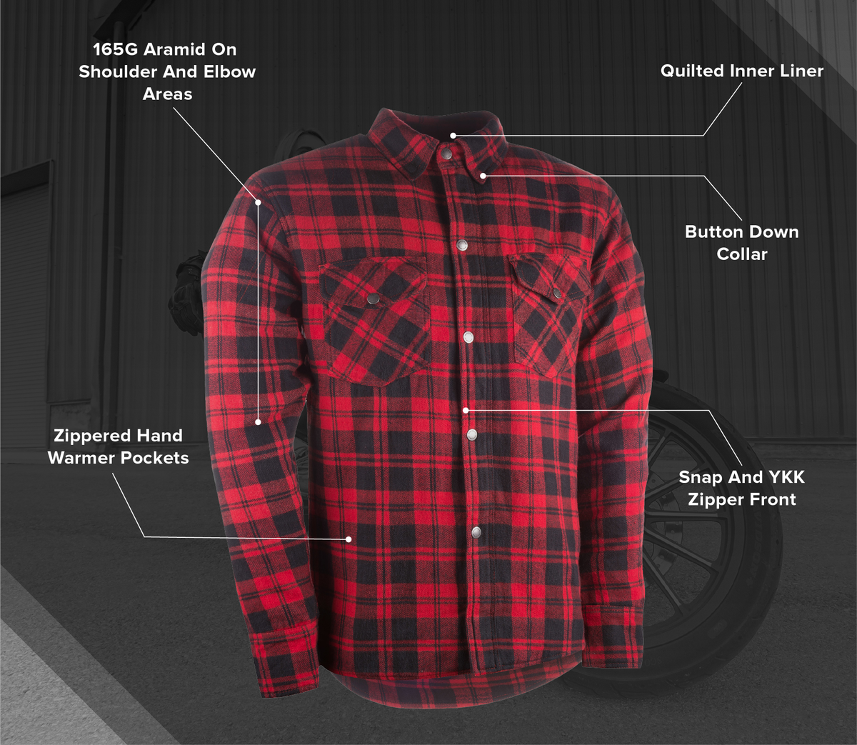 Highway 21 Marksman Flannel Black/Red construction and closure feature diagram