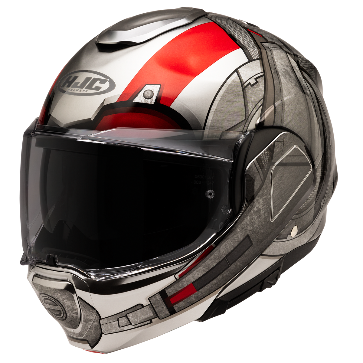 HJC F100 Ant-Man MC-1 silver red black helmet closed front three-quarter view
