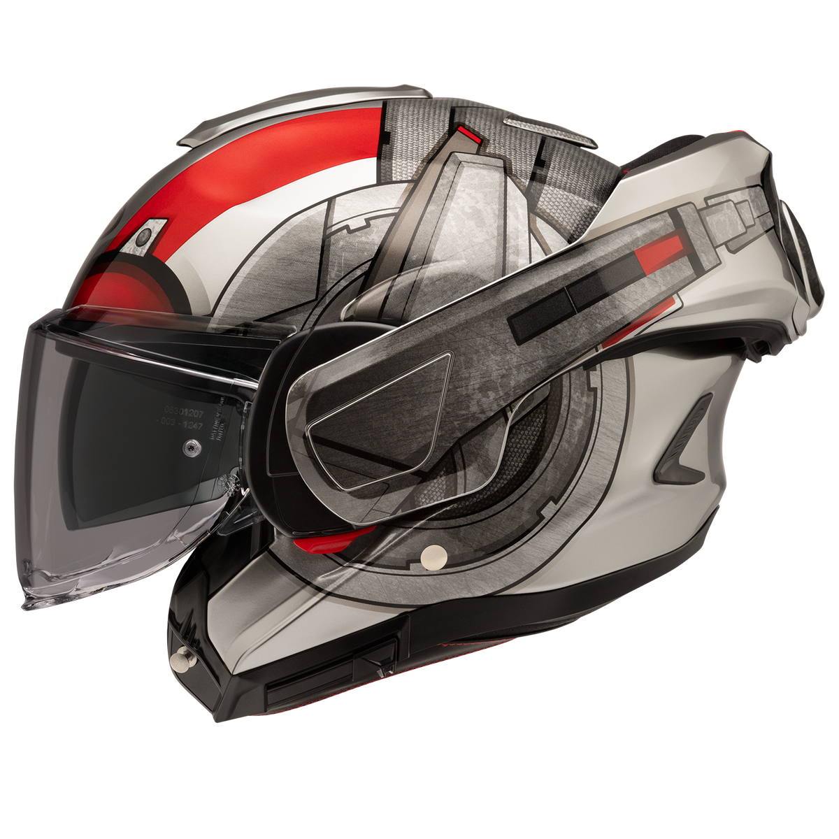 HJC F100 Ant-Man MC-1 silver red black helmet chin bar rotated back with sun visor lowered