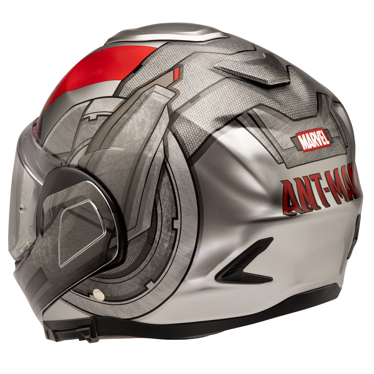 HJC F100 Ant-Man MC-1 silver red black helmet rear three-quarter view with Marvel Ant-Man graphic