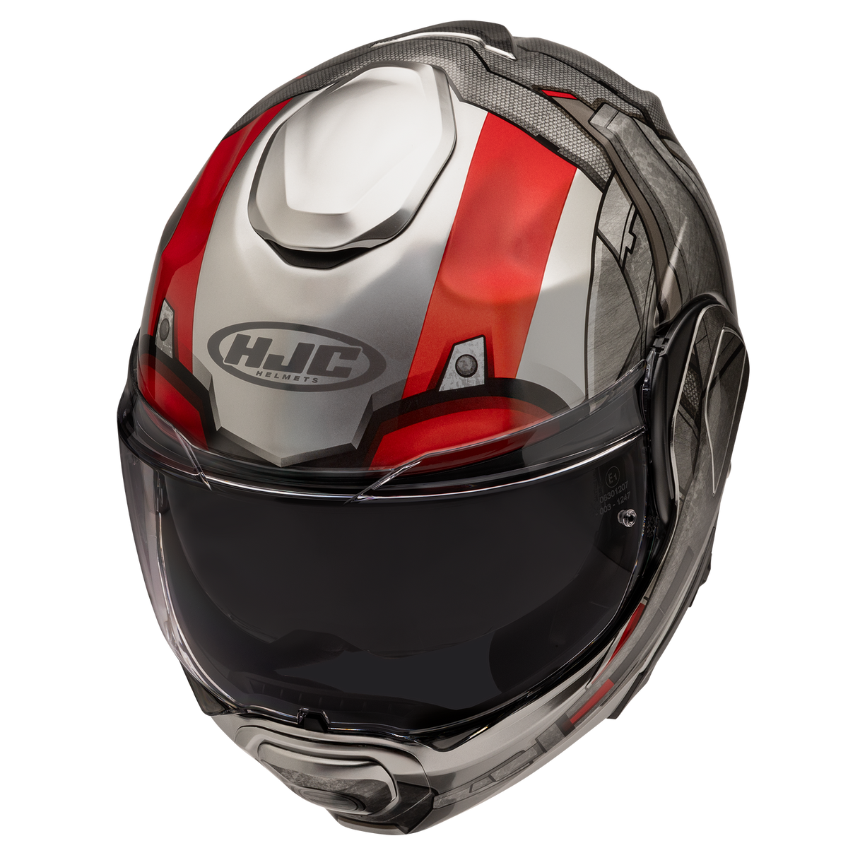 HJC F100 Ant-Man MC-1 silver red black helmet elevated front three-quarter view
