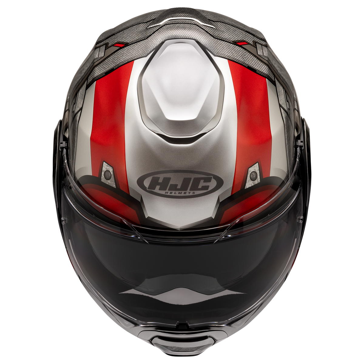 HJC F100 Ant-Man MC-1 silver red black helmet top view of silver red and black graphic
