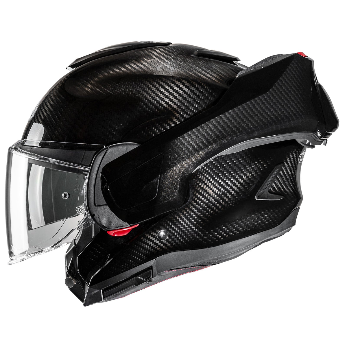 HJC F100 Carbon Gloss Black helmet with chin bar rotated open