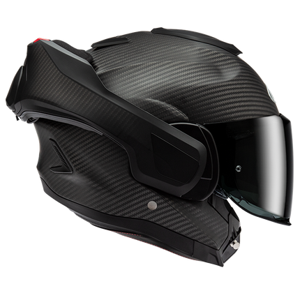 HJC F100 Carbon Matte Black helmet with chin bar rotated open