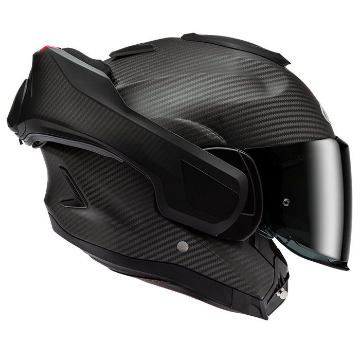 HJC F100 Carbon Matte Black helmet with chin bar rotated open