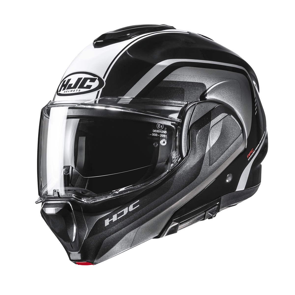 HJC F100 Reff MC21 Black / White helmet, front three-quarter view