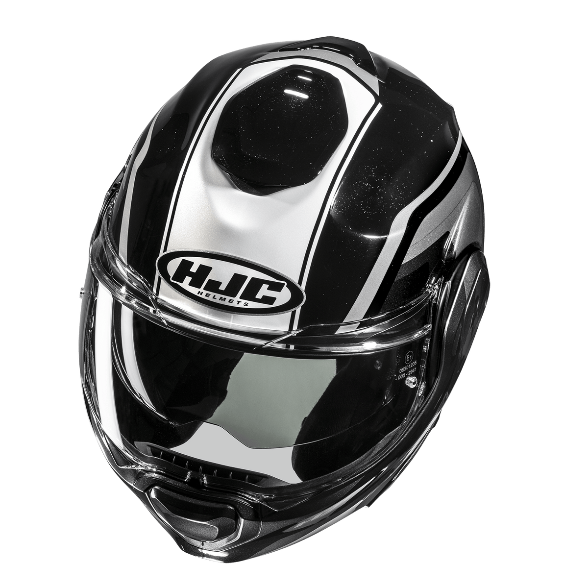 HJC F100 Reff MC21 Black / White helmet, top view showing crown vent and graphics