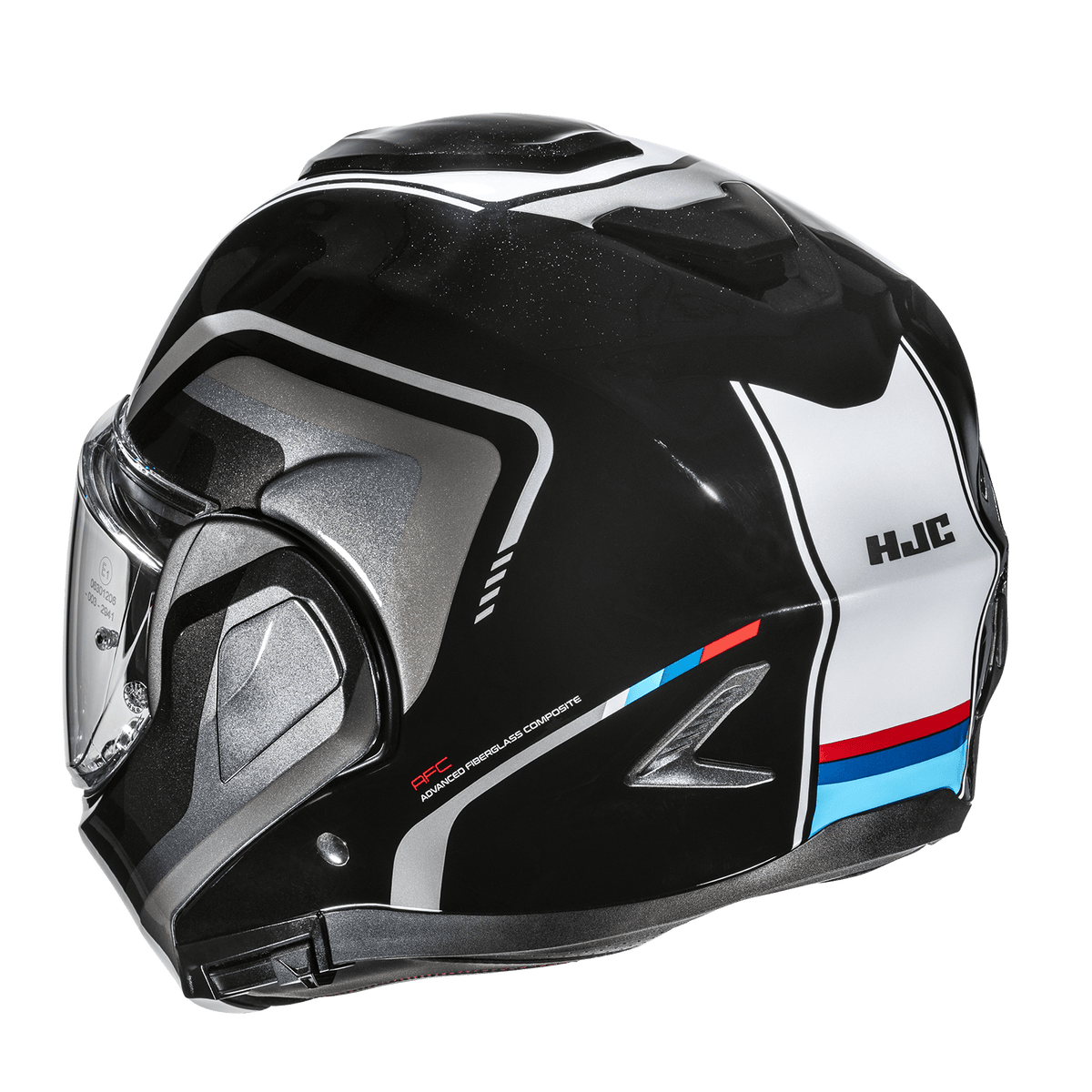 HJC F100 Reff MC21 Black / White helmet, rear three-quarter view
