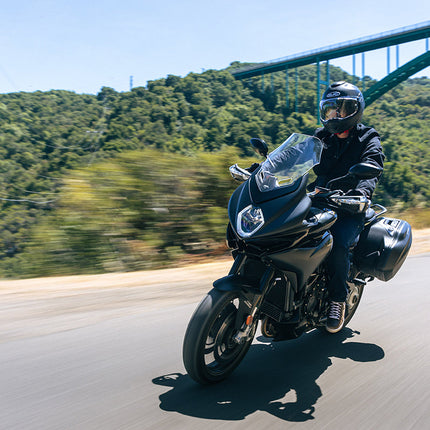 HJC F100 Solid helmet worn during a touring motorcycle ride