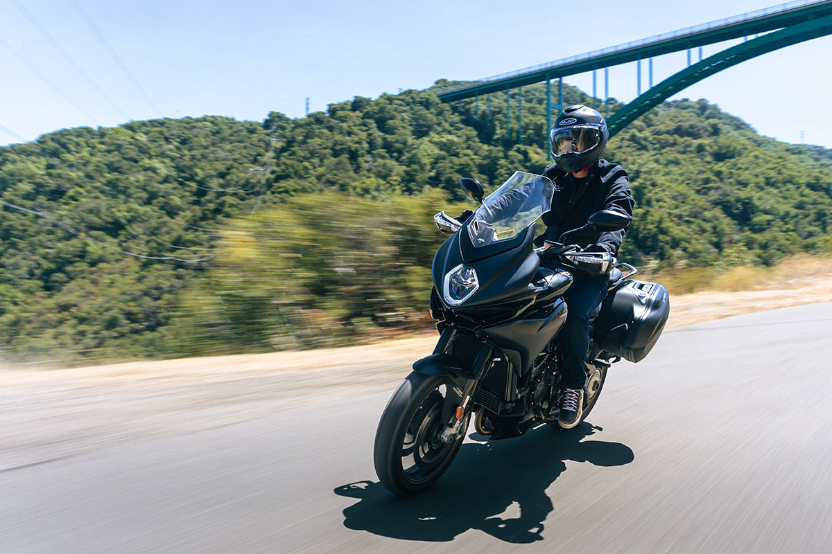 HJC F100 Solid helmet worn during a touring motorcycle ride