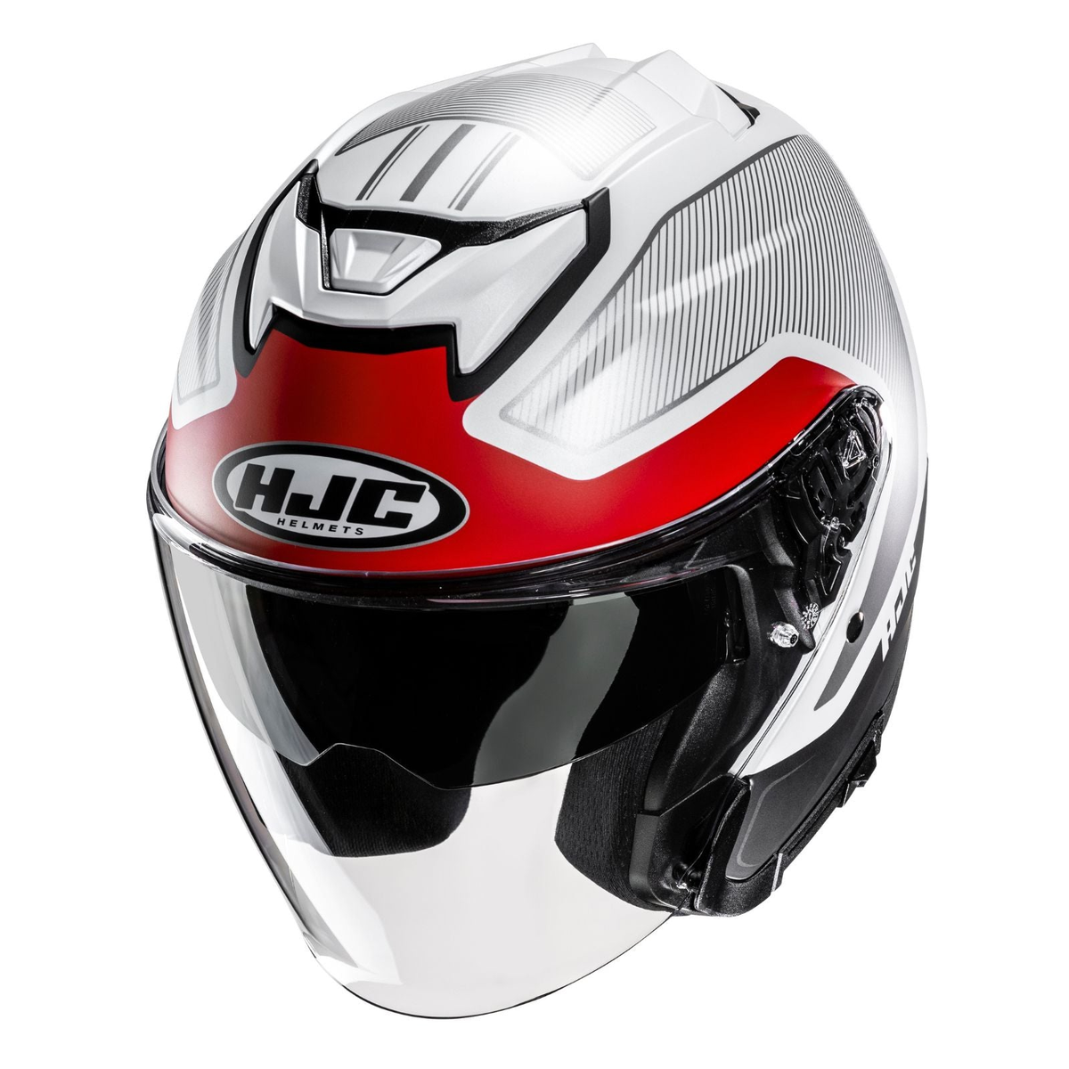 HJC i31 Tevis open-face helmet in MC1SF red and white, front three-quarter studio view