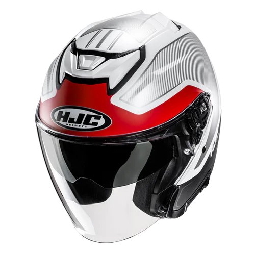 HJC i31 Tevis open-face helmet in MC1SF red and white, front three-quarter studio view