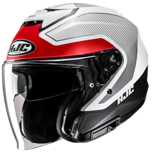HJC i31 Tevis open-face helmet in MC1SF red and white, side three-quarter studio view