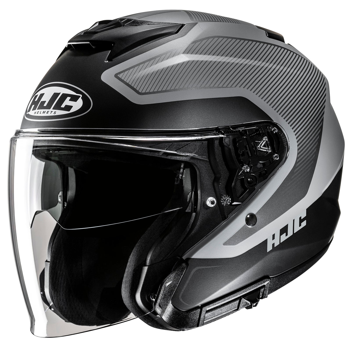 HJC i31 Tevis open-face helmet in MC5SF black and gray, front three-quarter view