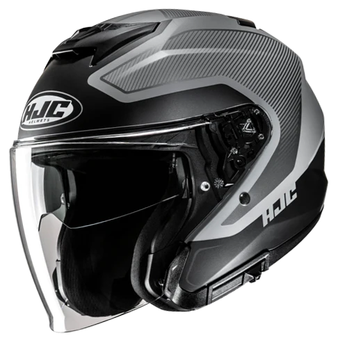 HJC i31 Tevis open-face helmet in MC5SF black and gray, side three-quarter studio view