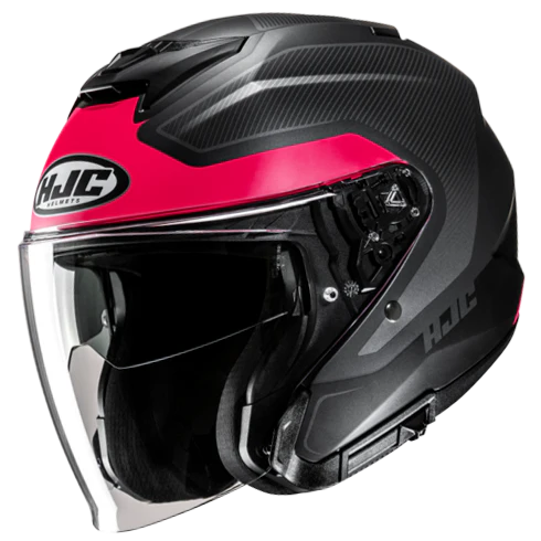 HJC i31 Tevis open-face helmet in MC8SF black and red, side three-quarter studio view