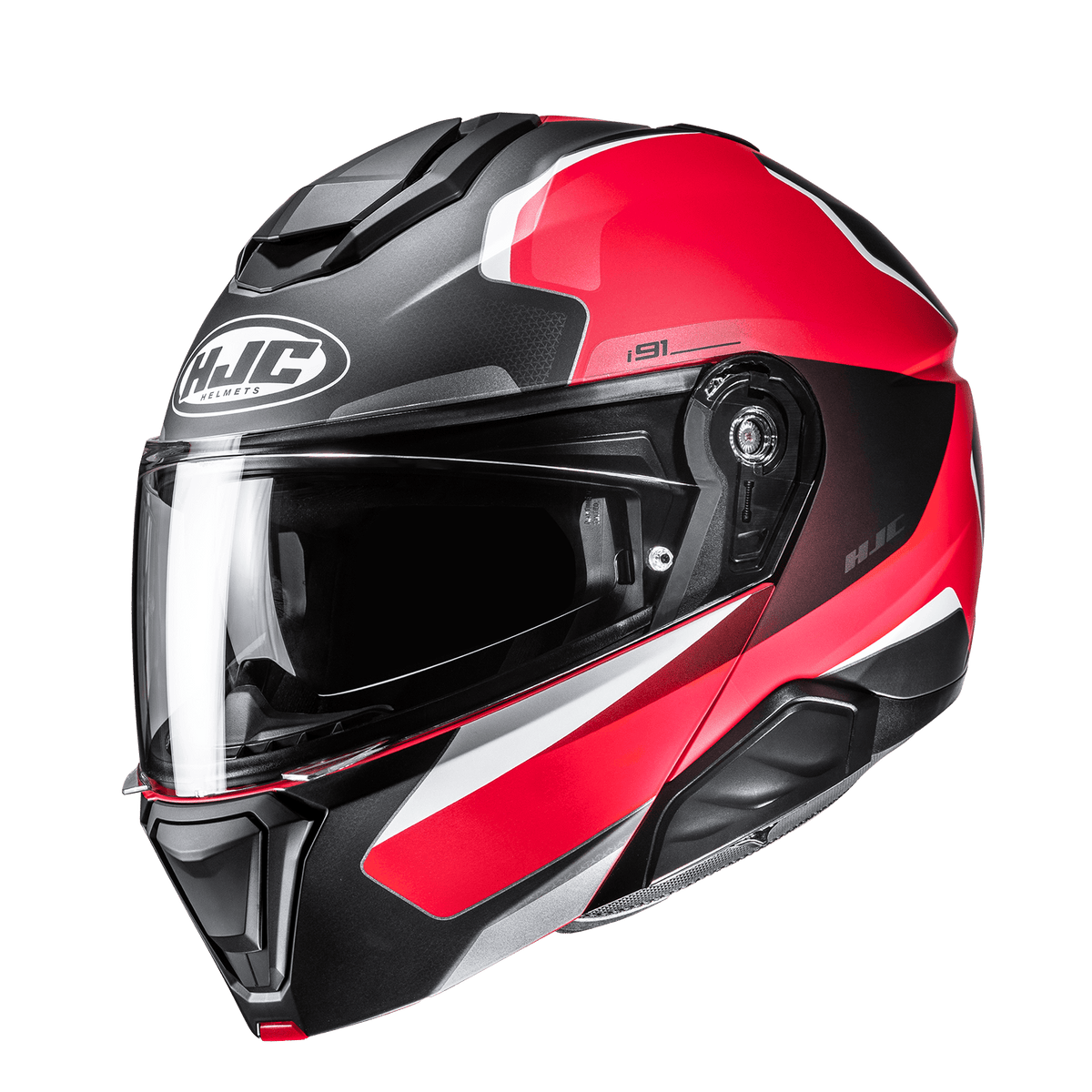 HJC i91 Felio MC1SF semi-flat black, red and white helmet, front three-quarter view