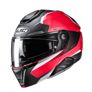 HJC i91 Felio MC1SF semi-flat black, red and white helmet, front three-quarter view