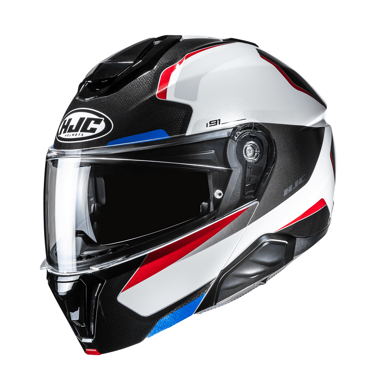 HJC i91 Felio MC21 white, red and blue helmet, front three-quarter view