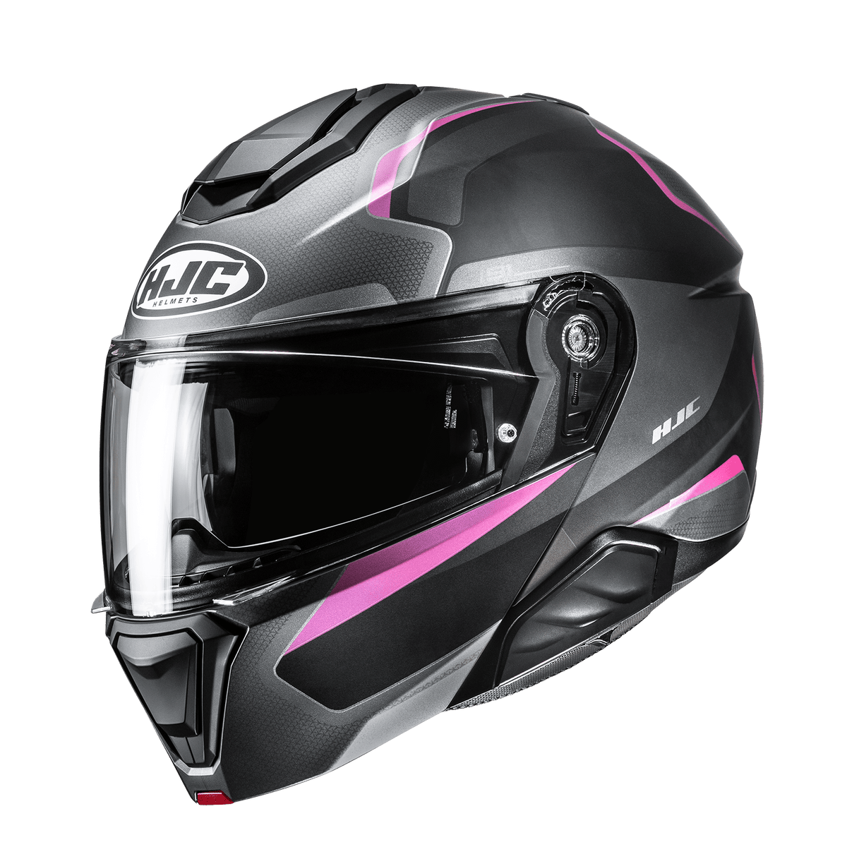 HJC i91 Felio MC8SF semi-flat black and pink helmet, front three-quarter view