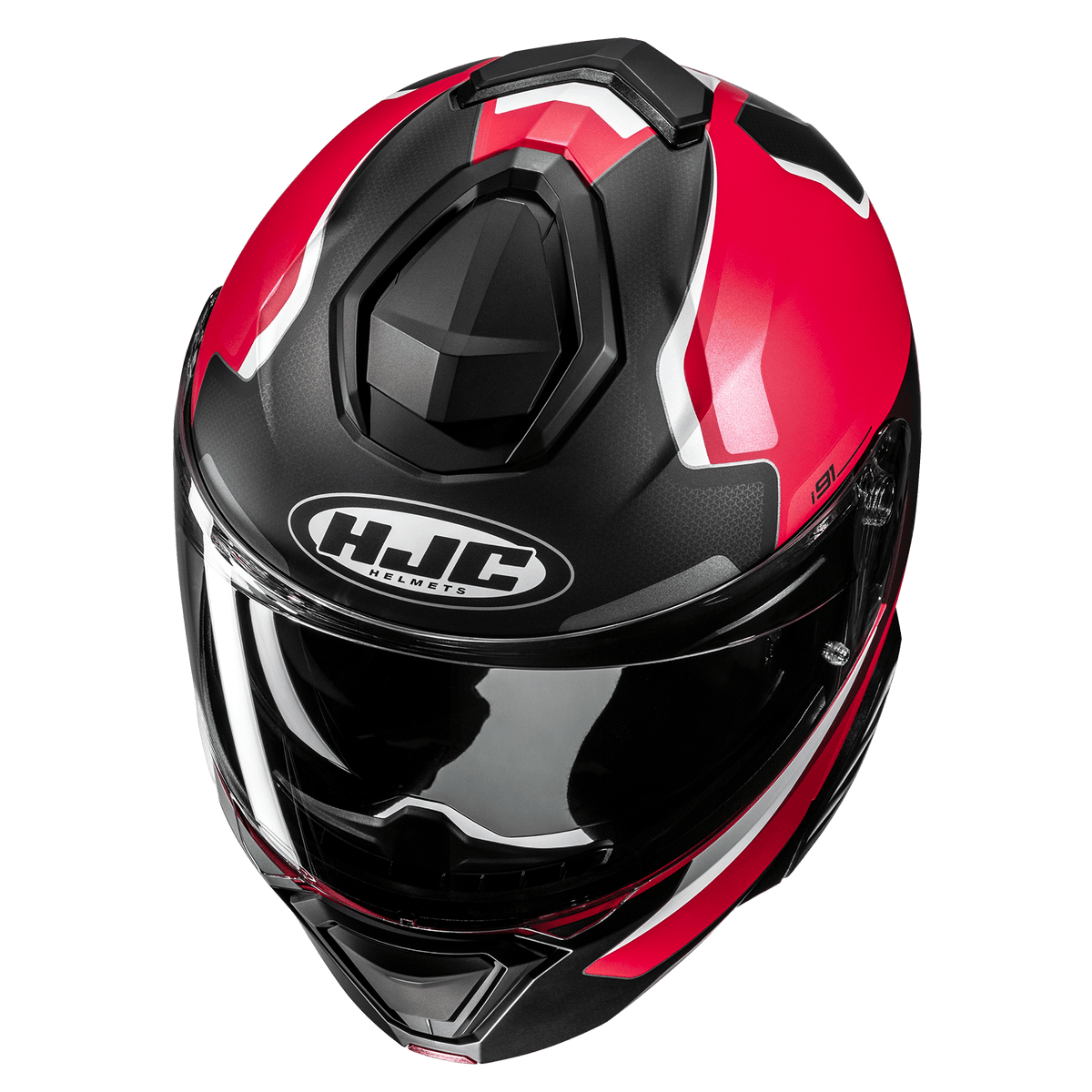 HJC i91 Felio MC1SF semi-flat black, red and white helmet, top and front view