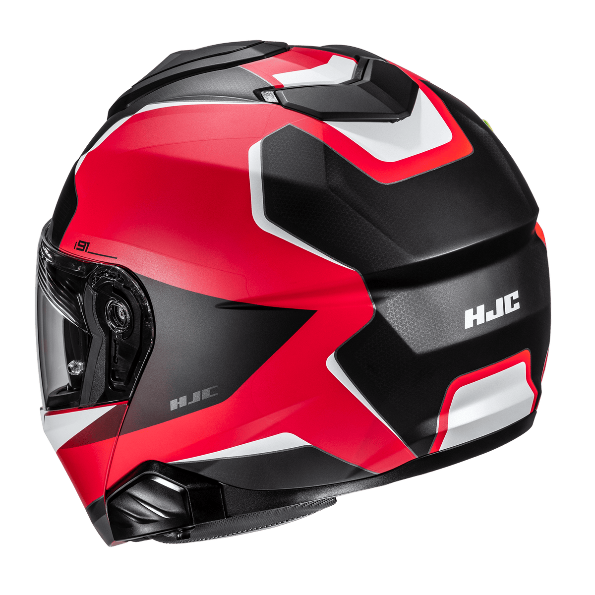 HJC i91 Felio MC1SF semi-flat black, red and white helmet, rear three-quarter view