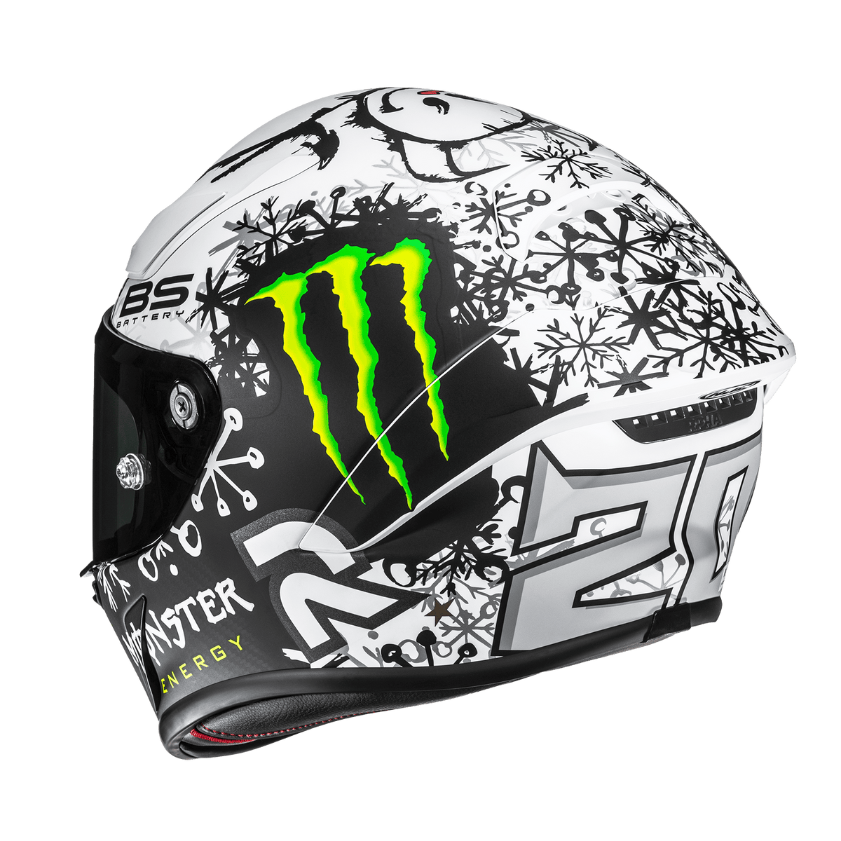 HJC RPHA 1N V2 Carbon Snow Diablo MC10SF semi-flat black and white helmet, left side and rear spoiler view