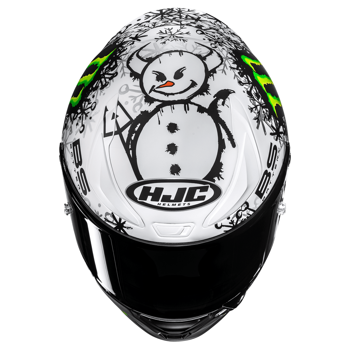 HJC RPHA 1N V2 Carbon Snow Diablo MC10SF semi-flat black and white helmet, top view of snowman graphic