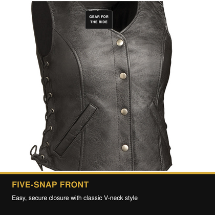 Honey Badger women's vest five-snap V-neck front feature and benefit