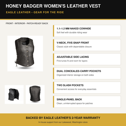 Eagle Honey Badger women's leather vest feature and benefit overview