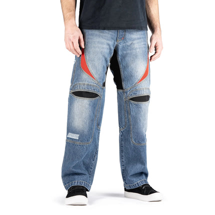 Rider wearing ICON Hooligan Jeans in Blue front view