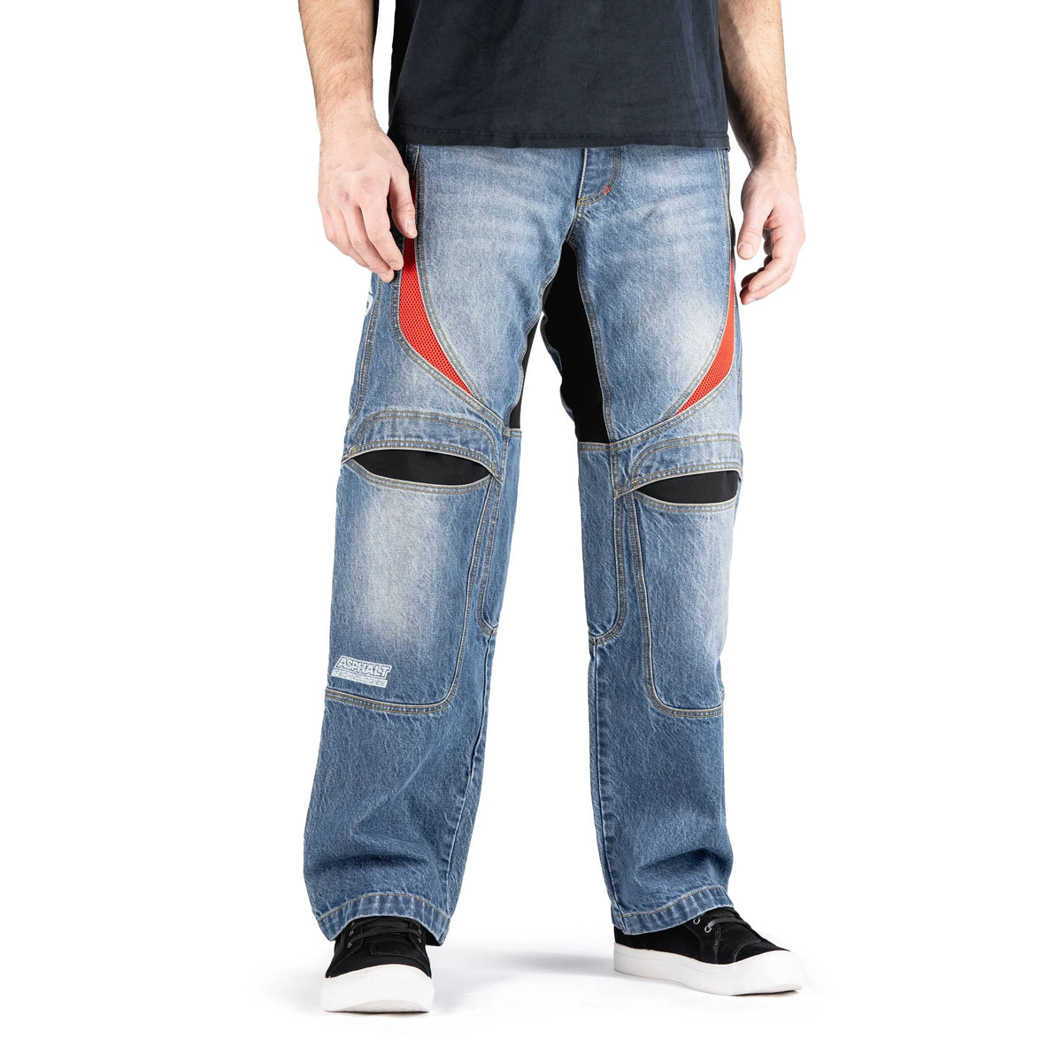 Rider wearing ICON Hooligan Jeans in Blue front view