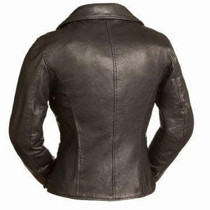 Ladies Monte Carlo Jacket Blk: Soft naked cowhide
Snap down lapel and collar
Asymmetrical zip front
Large zip shoulder vent
T