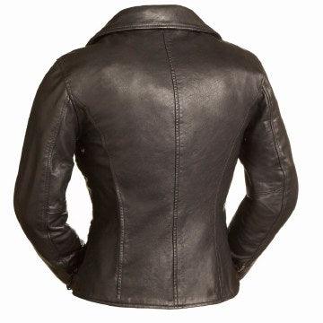 Ladies Monte Carlo Jacket Blk: Soft naked cowhide
Snap down lapel and collar
Asymmetrical zip front
Large zip shoulder vent
T