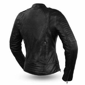 Ladies Biker Jacket: Features:

Biker
Stand up collar
Single snap shoulder epaulette
Quilted panel detail on each shoulder
Lo